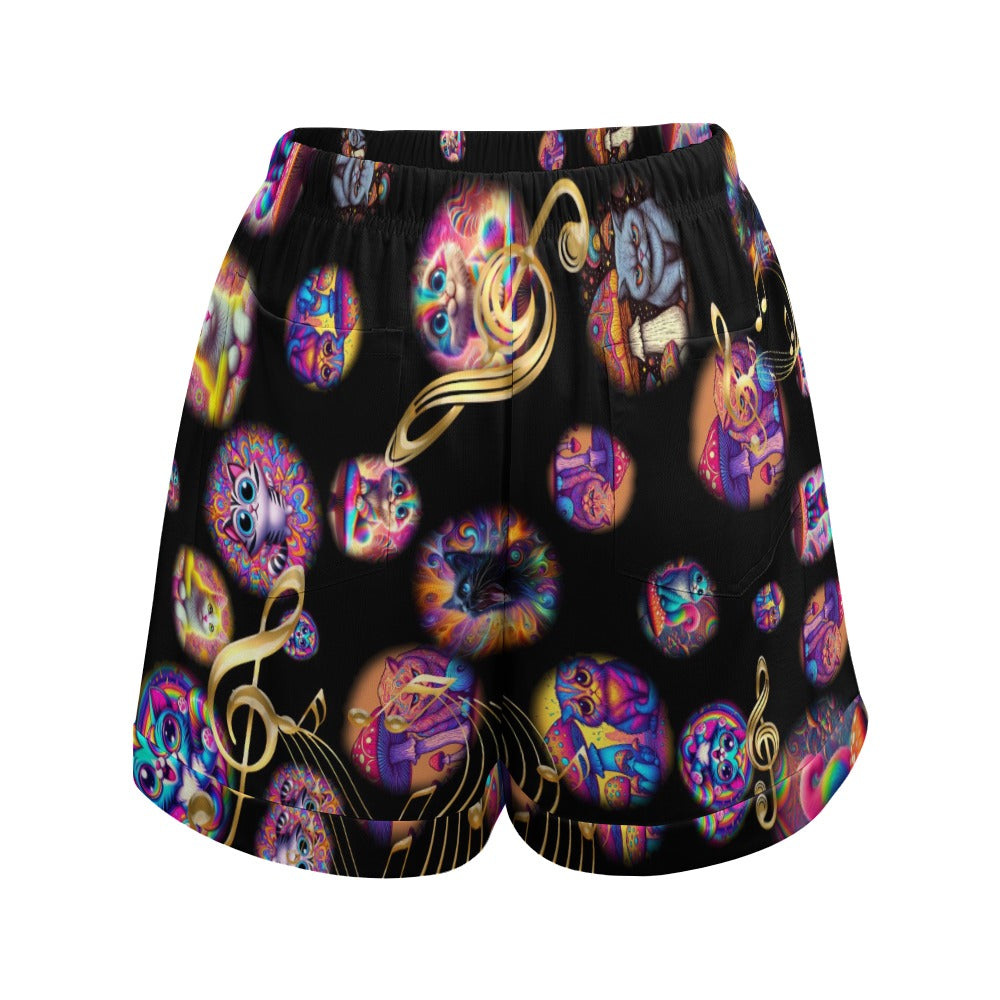 "Psychedelic Cats" Women"s High Waist Loose Elastic Waist Shorts - 3 Crazy Prints