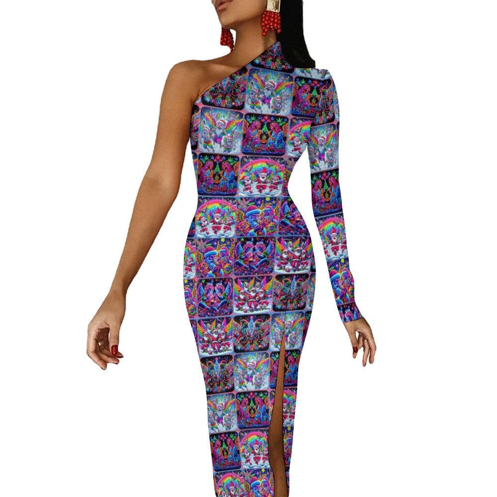 “Psychedelic Christmas Angels Toking” Half Sleeve Slit Dress