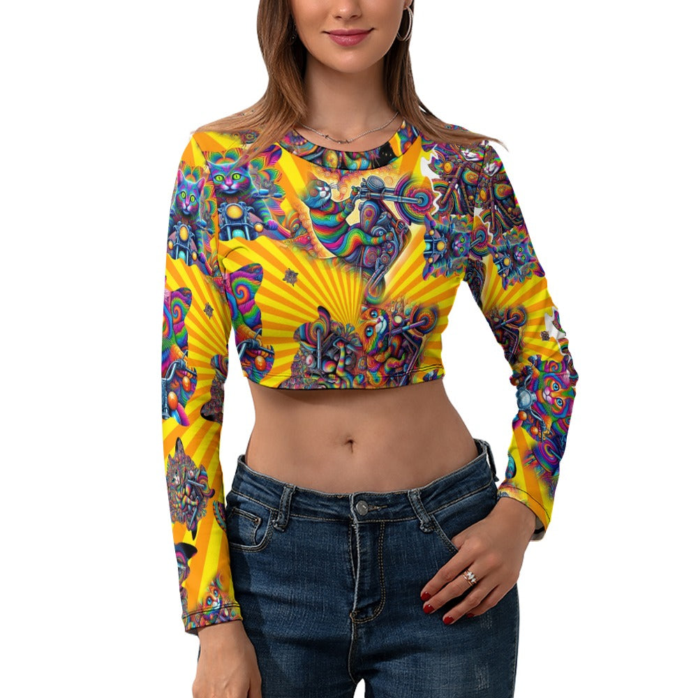 "Psychedelic Cats on Motorcycles" Women's Long Sleeve Round Neck Crop Top