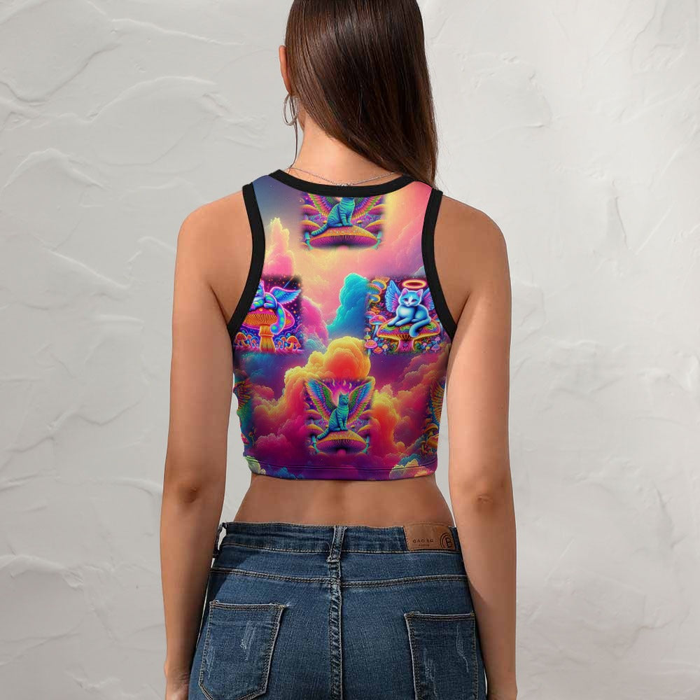 “Heavenly Angel Cats on Psychedelic Mushrooms” Women's Slim Racer Crop Top