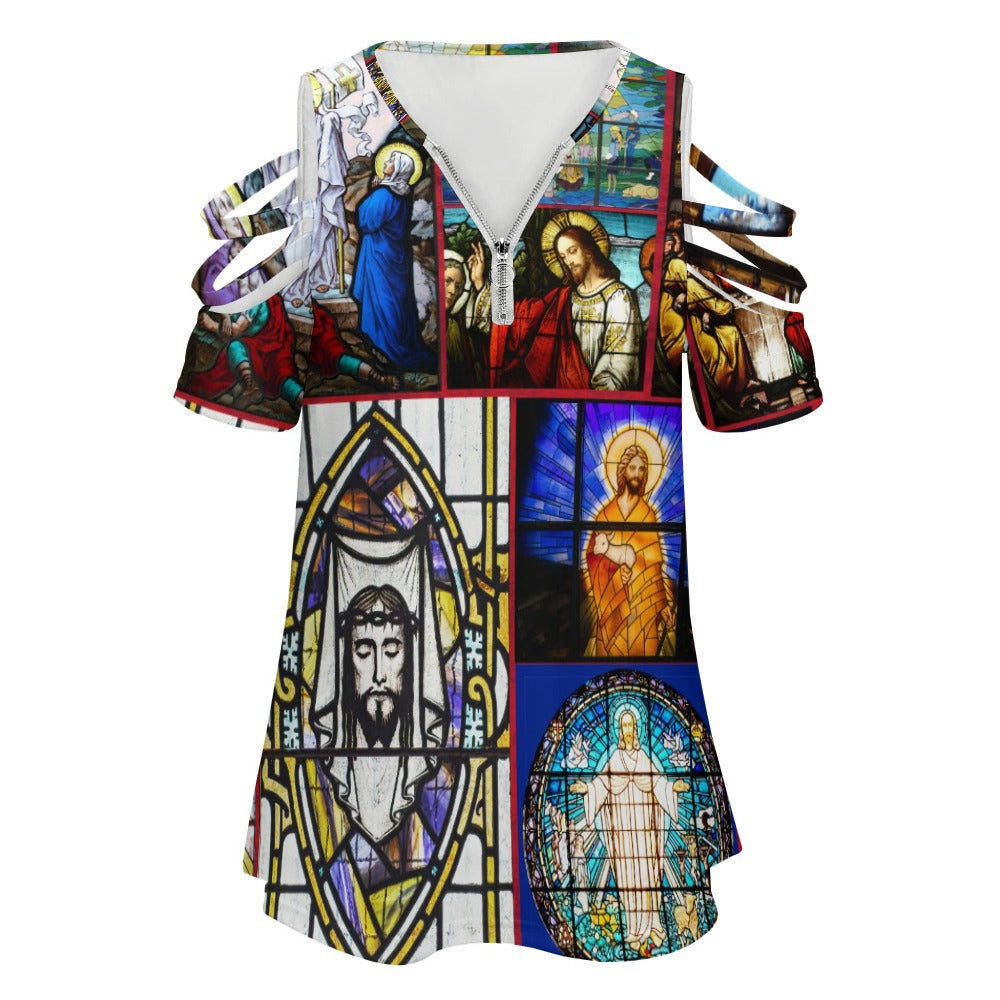 “Stained Glass Jesus for Christmas” Women’s BE Zip Off Shoulder Top – Sizes S – 3XL