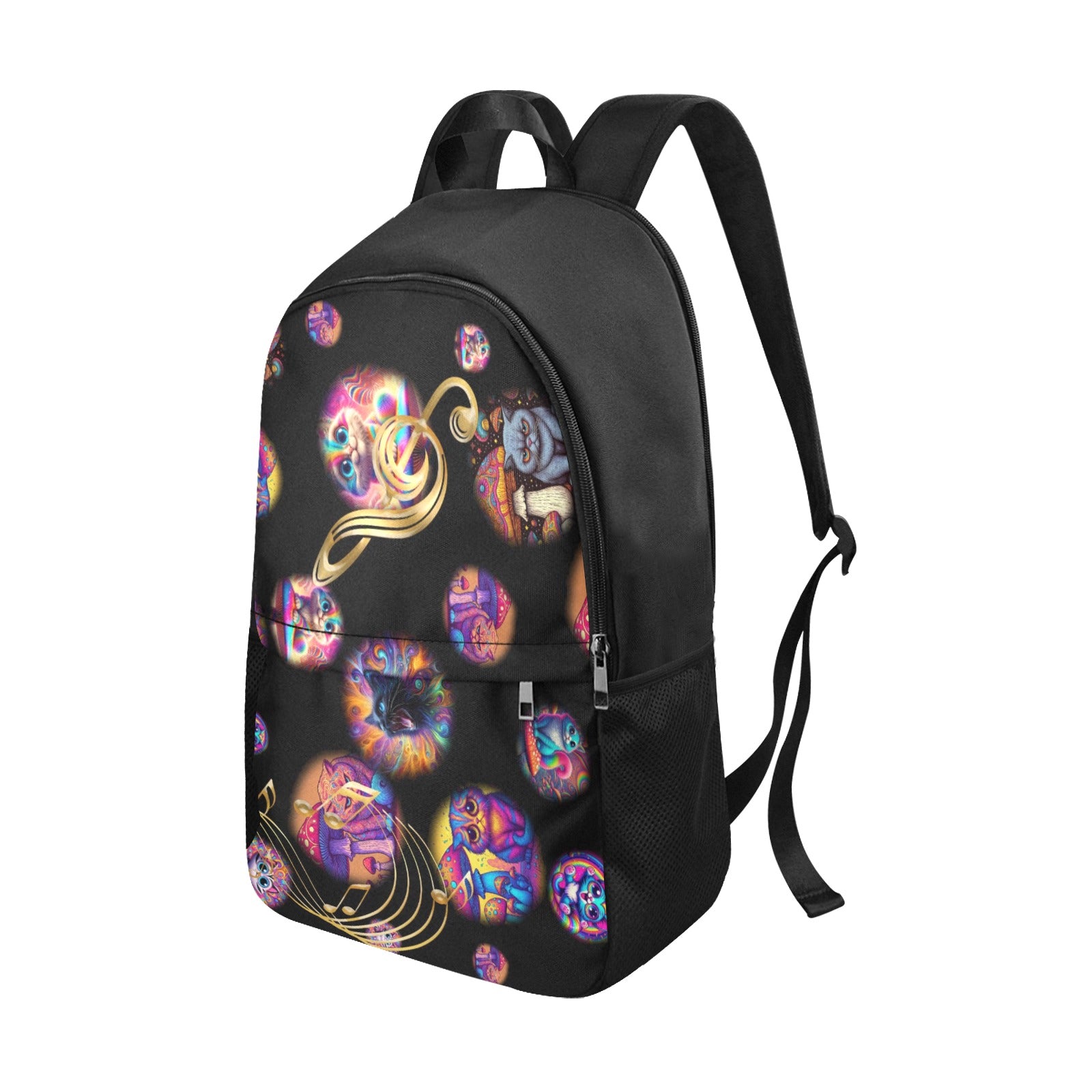 “Psychedelic Cats on Motorcycles” – Sunburst - &nbsp;Fabric Backpack with Side Mesh Pocket - 3 Wild Prints