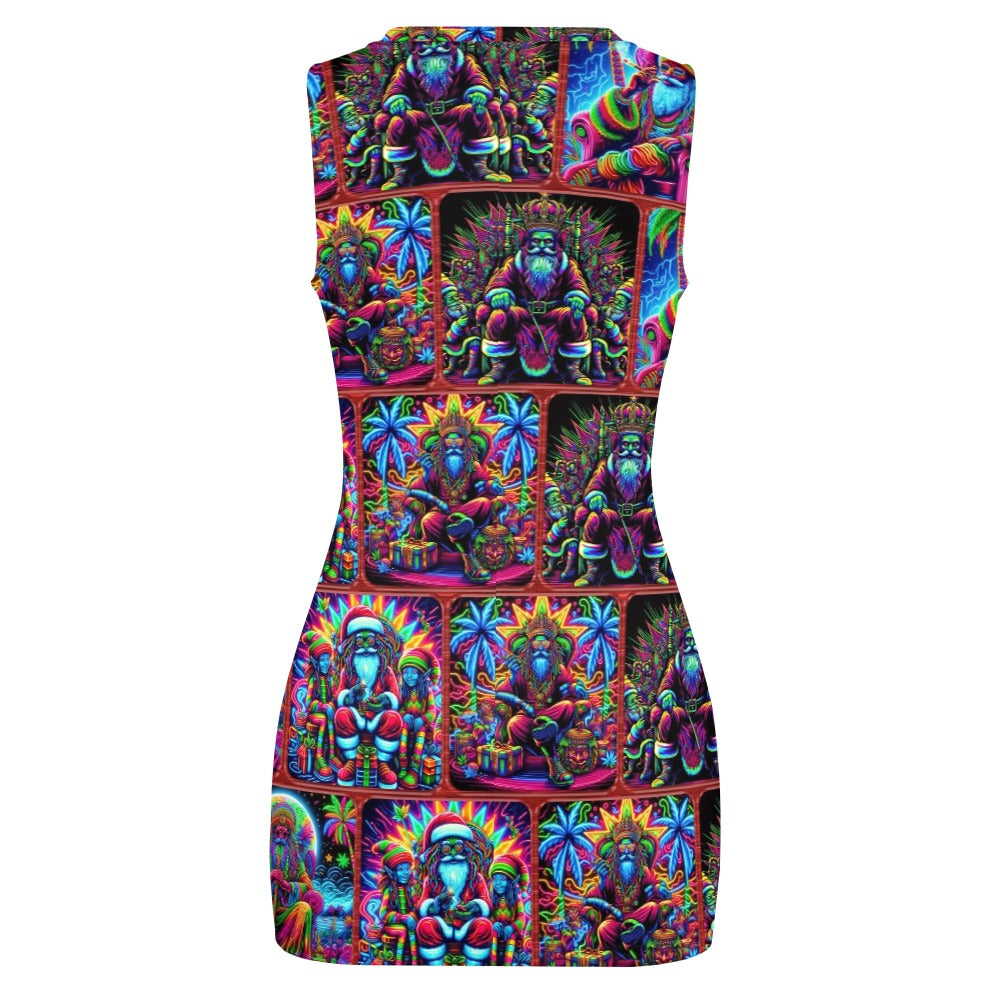 “Psychedelic Neon Toking Rasta Santa” Navel-Baring Cross-Fit Hip Dress - Sizes S - 5XL