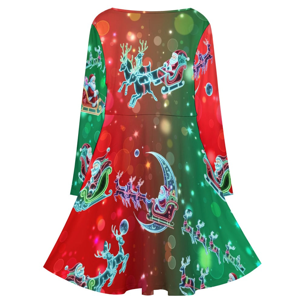 “Neon Santas in Magical Christmas Sleigh with Reindeer” Women’s Oversized V-Neck Dress  – Sizes S – 8XL