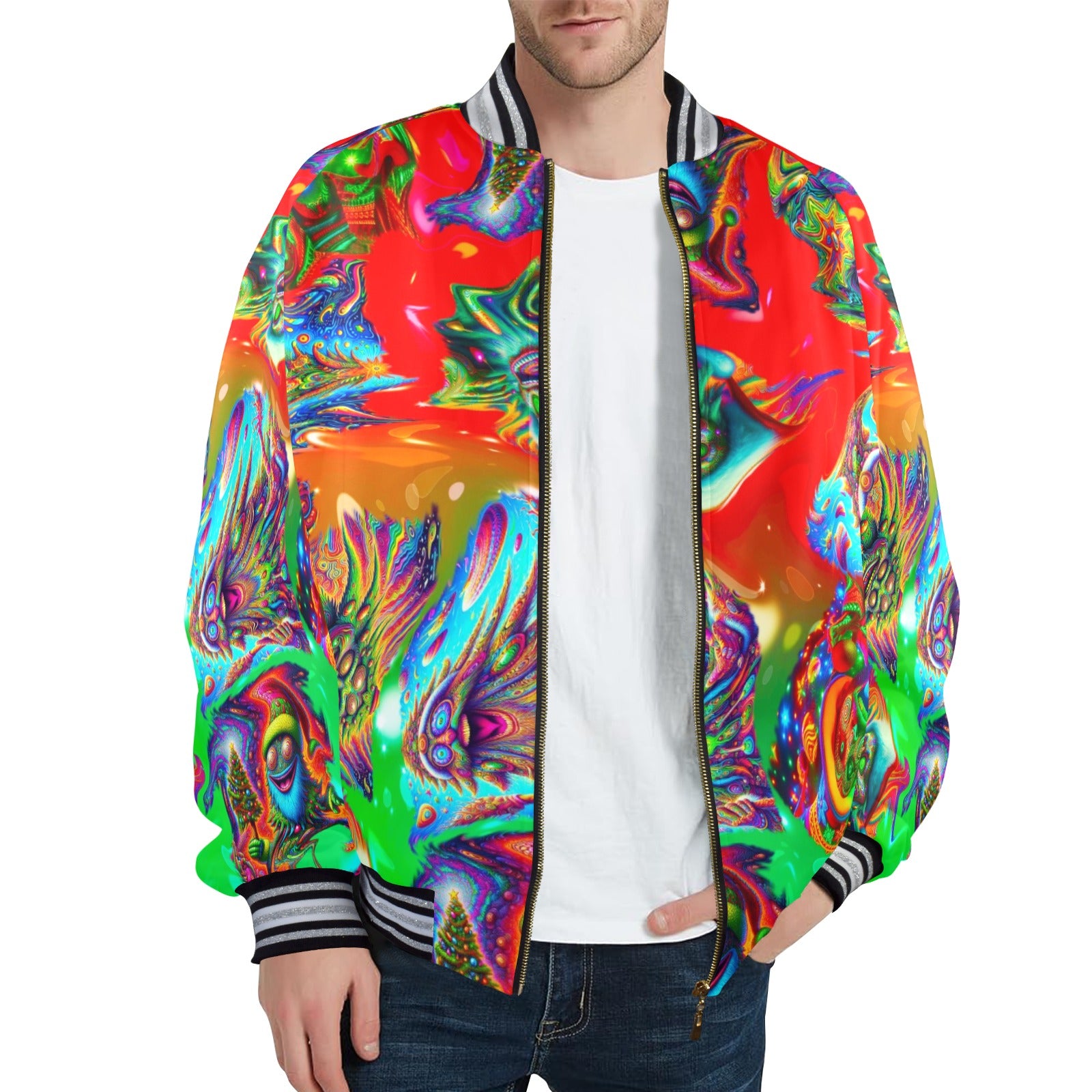 “Psychedelic Christmas Tree People” Men's Striped Trim Bomber Jacket - Size S - 4XL