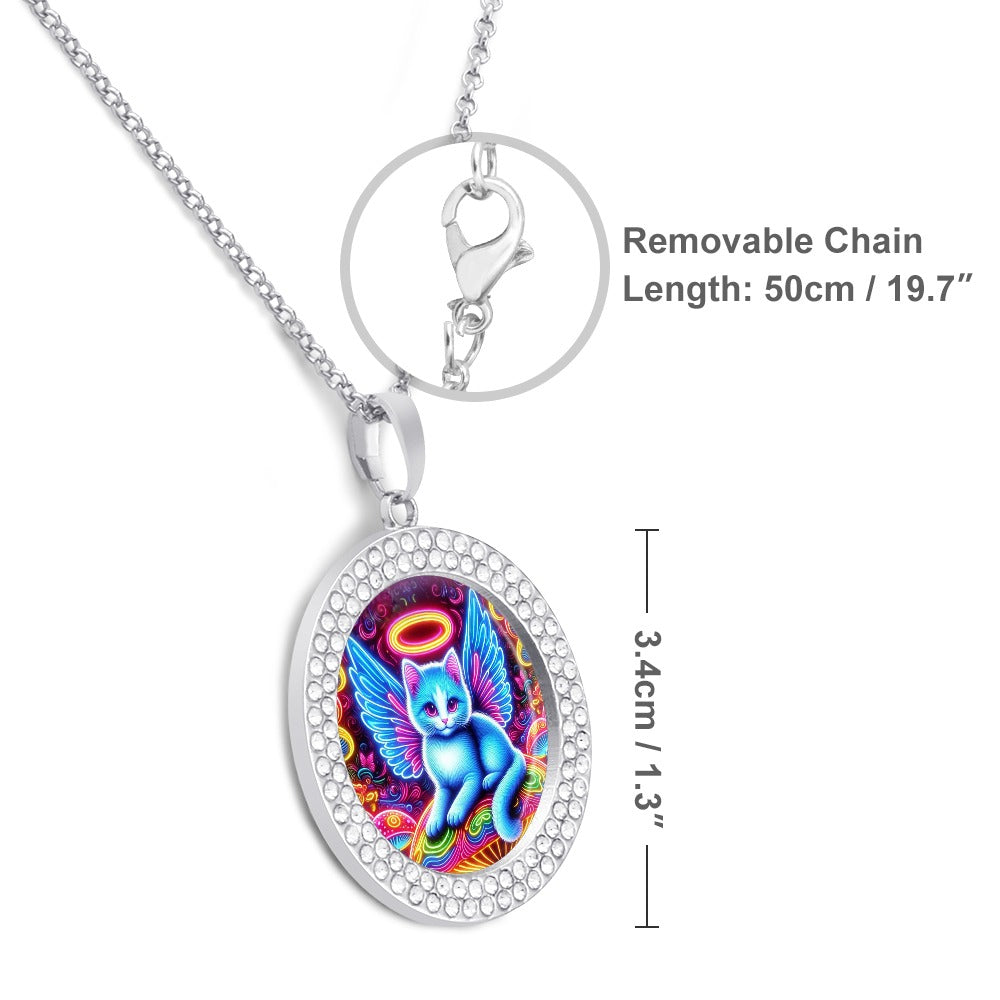 “Heavenly Angel Cats on Psychedelic Mushrooms” Silver Color Alloy Diamond Necklace