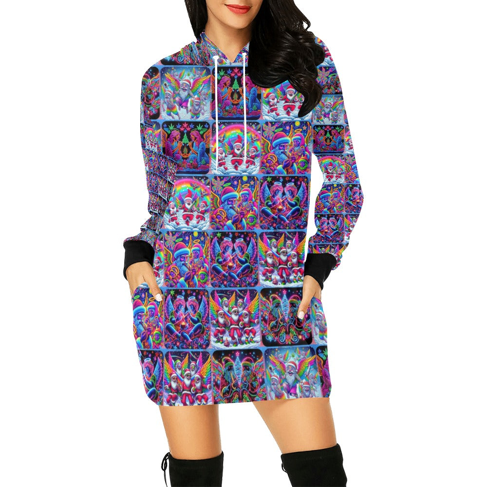 “Psychedelic Toking Christmas Angels” Women’s Hoodie Mini Dress – Sizes XS – 2XL