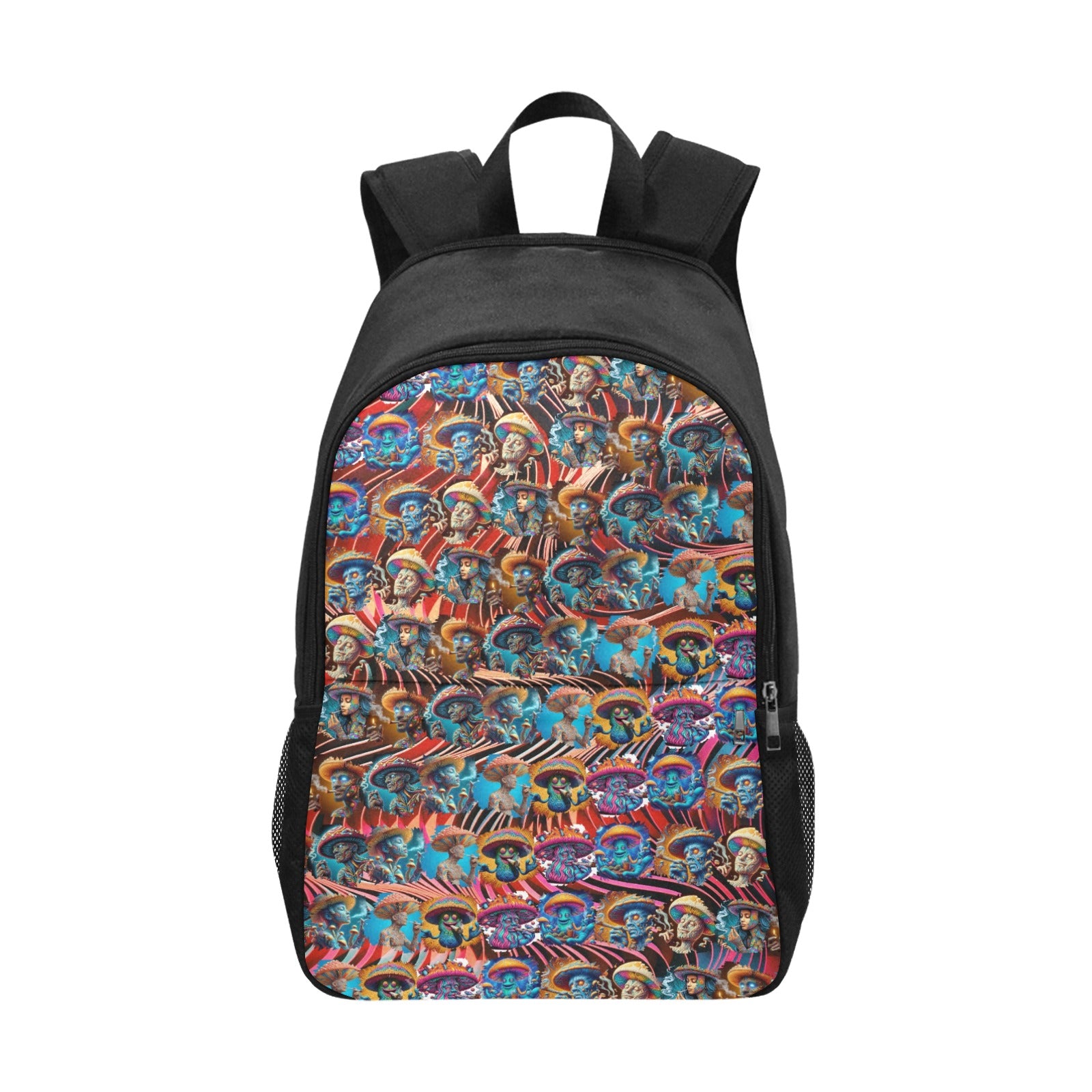 “Psychedelic Cats on Motorcycles” – Sunburst - &nbsp;Fabric Backpack with Side Mesh Pocket - 3 Wild Prints