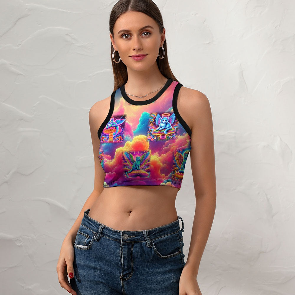 “Heavenly Angel Cats on Psychedelic Mushrooms” Women's Slim Racer Crop Top