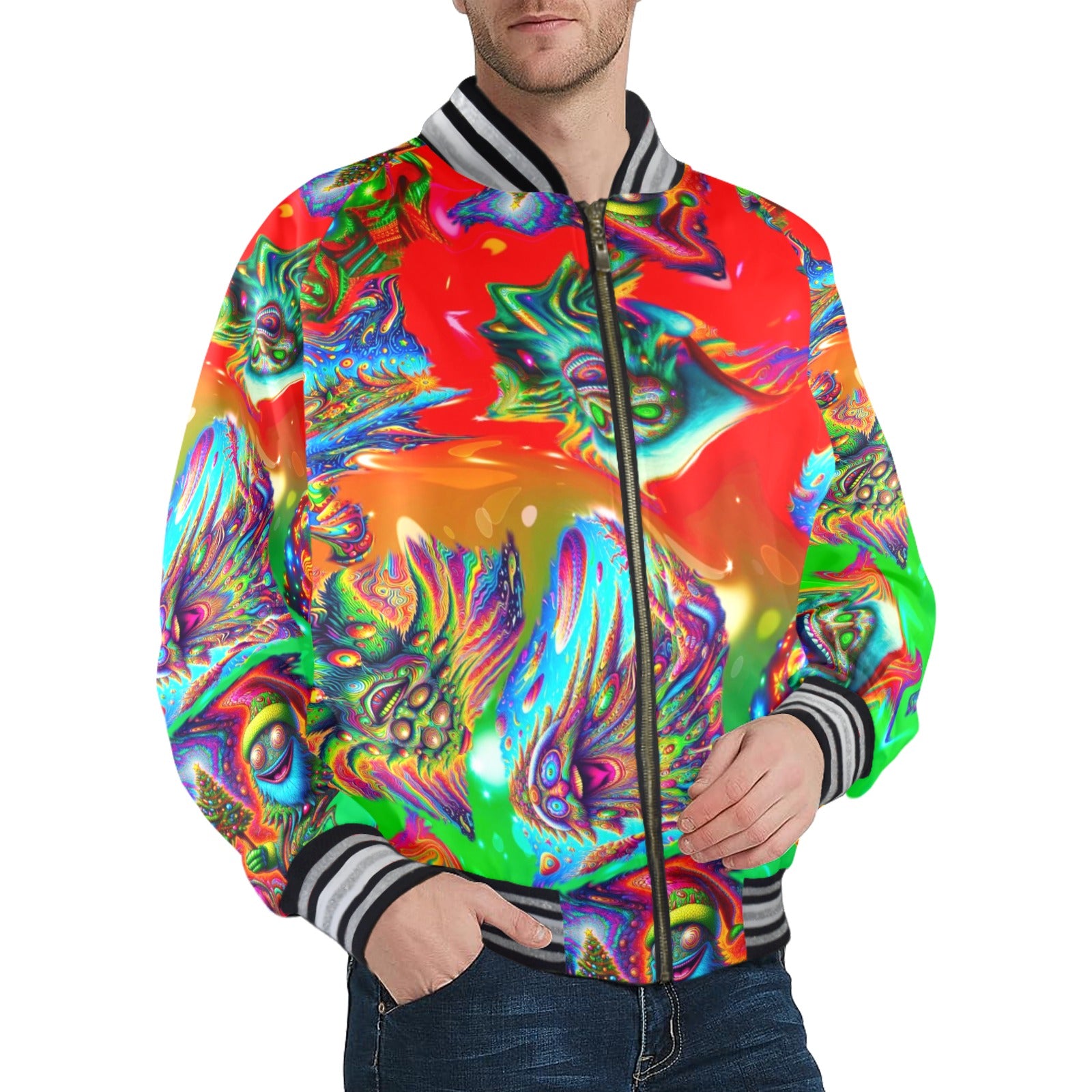 “Psychedelic Christmas Tree People” Men's Striped Trim Bomber Jacket - Size S - 4XL