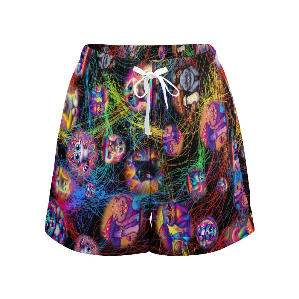 "Psychedelic Cats" Women"s High Waist Loose Elastic Waist Shorts - 3 Crazy Prints