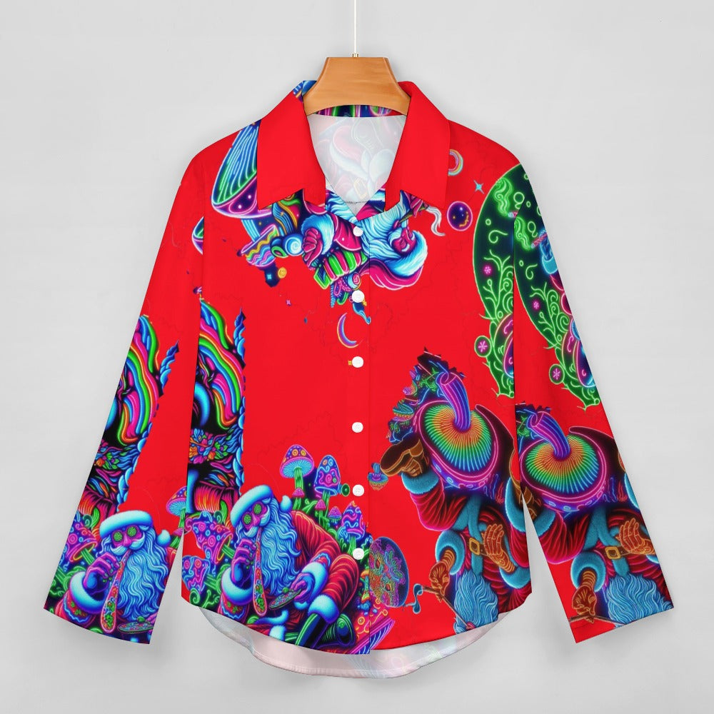 “Psychedelic Toking Santas Sitting on Mushrooms in Red” Women’s Cropped Hem Shirt – Sizes S – 8XL