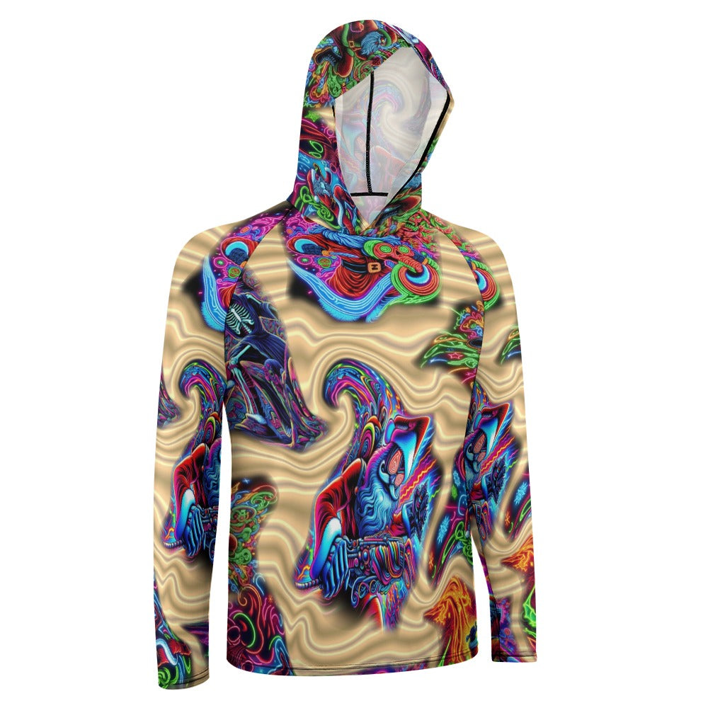 “Neon Santa Fighting Evil” Men’s Long Sleeve Sun Protection Hoodie – Sizes S – 3XL