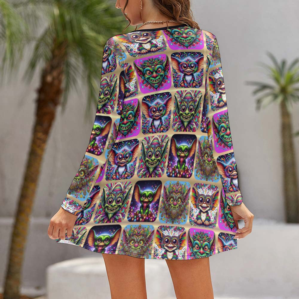 “Happy Halloween Grimlins” Long Sleeve Loose Dress