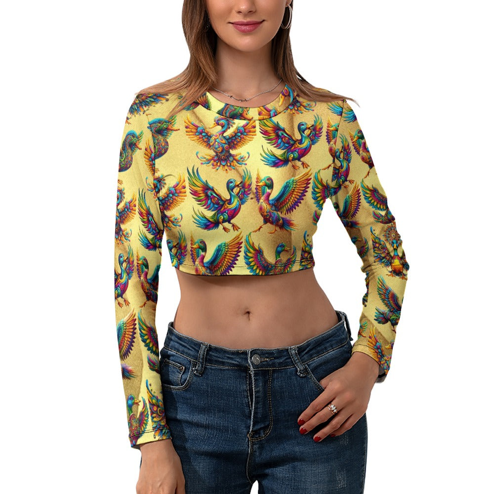 “Psychedelic Ducks on Gold” Women's Long Sleeve Round Neck Crop Top