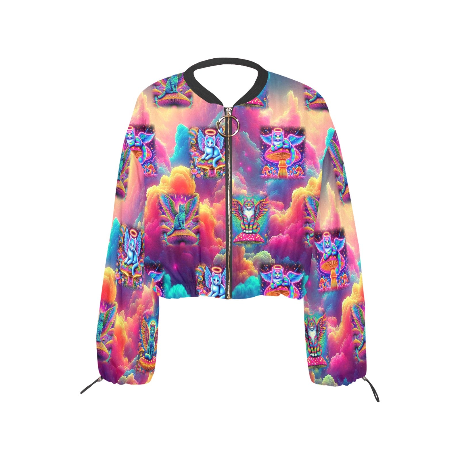 “Heavenly Angel Cats on Psychedelic Mushrooms” Women's Chiffon Long Sleeve Crop Jacket