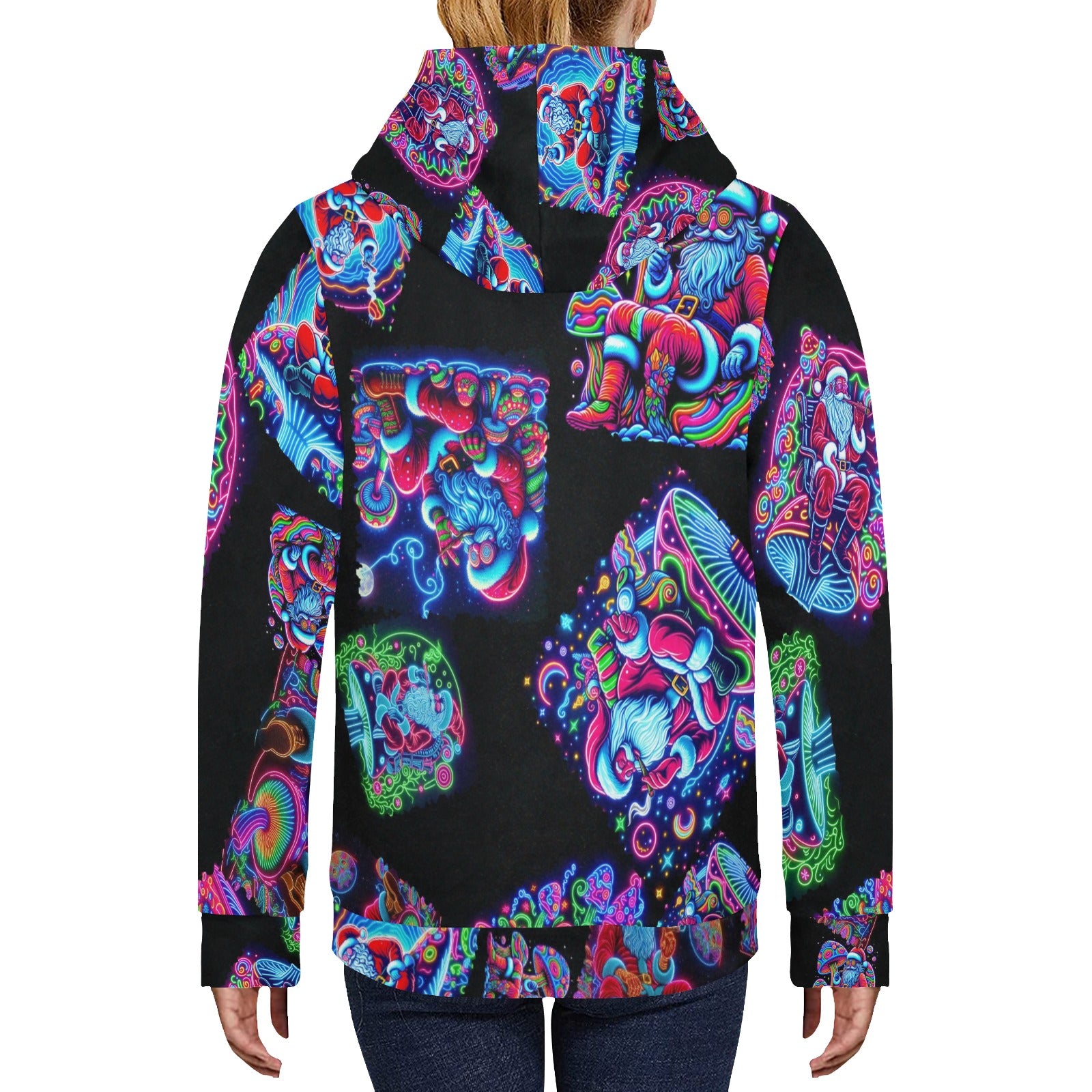 “Psychedelic Toking Santas on Mushrooms” Women’s Long Sleeve Fleece Hoodie – Sizes XS – 2XL