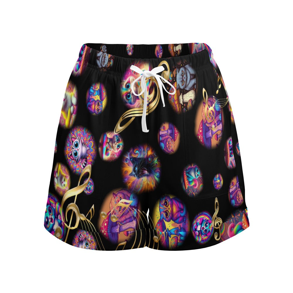 "Psychedelic Cats" Women"s High Waist Loose Elastic Waist Shorts - 3 Crazy Prints