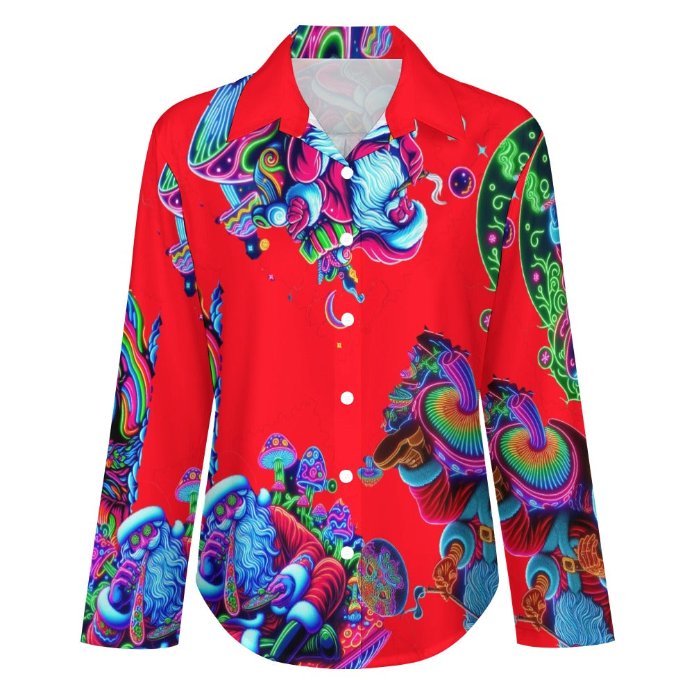 “Psychedelic Toking Santas Sitting on Mushrooms in Red” Women’s Cropped Hem Shirt – Sizes S – 8XL