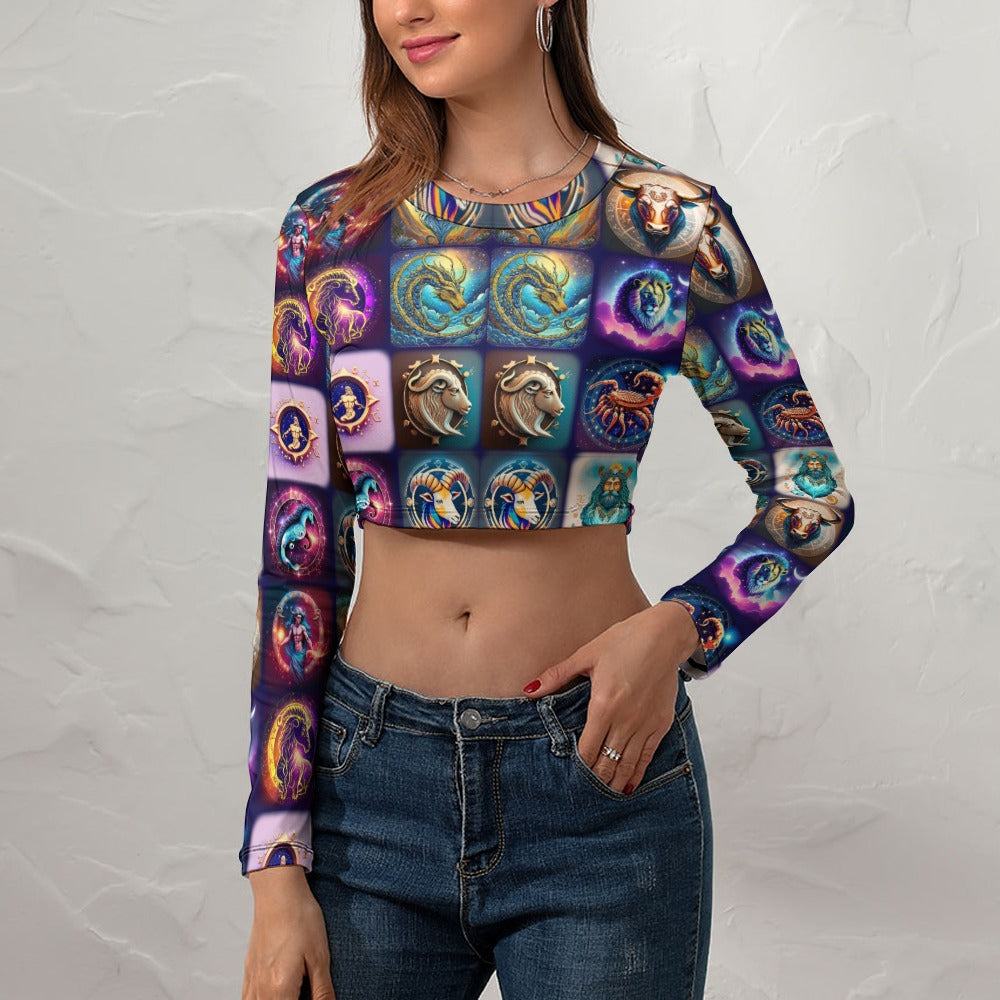 "Zodiac Aligned” Women's Long Sleeve Round Neck Crop Top