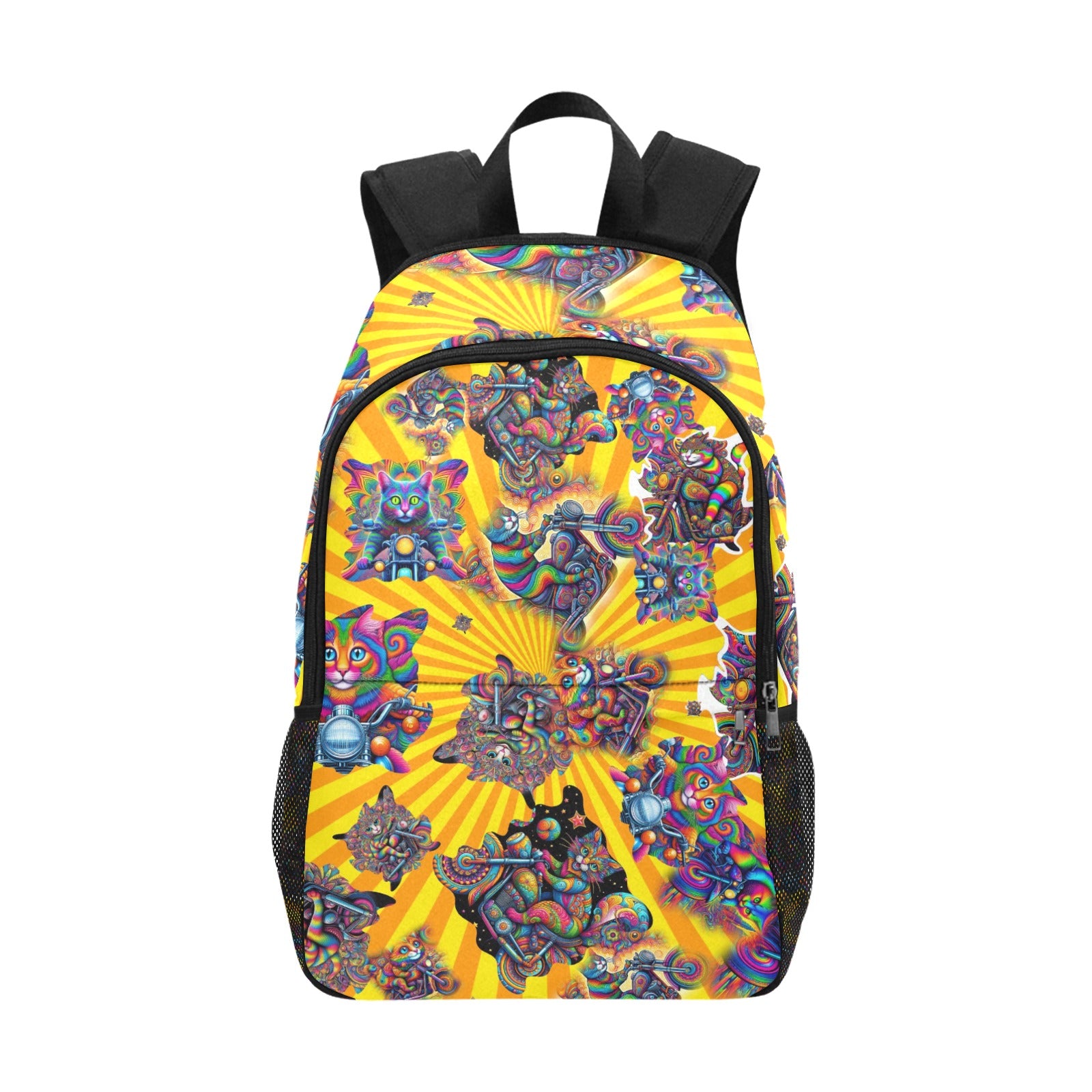 “Psychedelic Cats on Motorcycles” – Sunburst - &nbsp;Fabric Backpack with Side Mesh Pocket - 3 Wild Prints