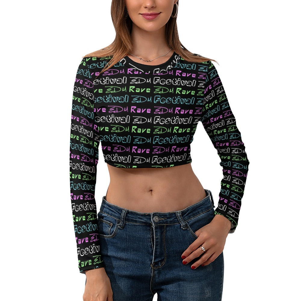 “EDM Rave Festival” Women's Long Sleeve Round Neck Crop Top