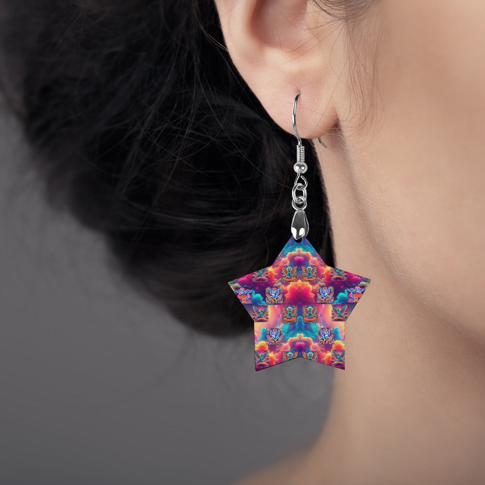 “Heavenly Angel Cats on Psychedelic Mushrooms”  Copper Plated Star Shaped Wooden Earrings