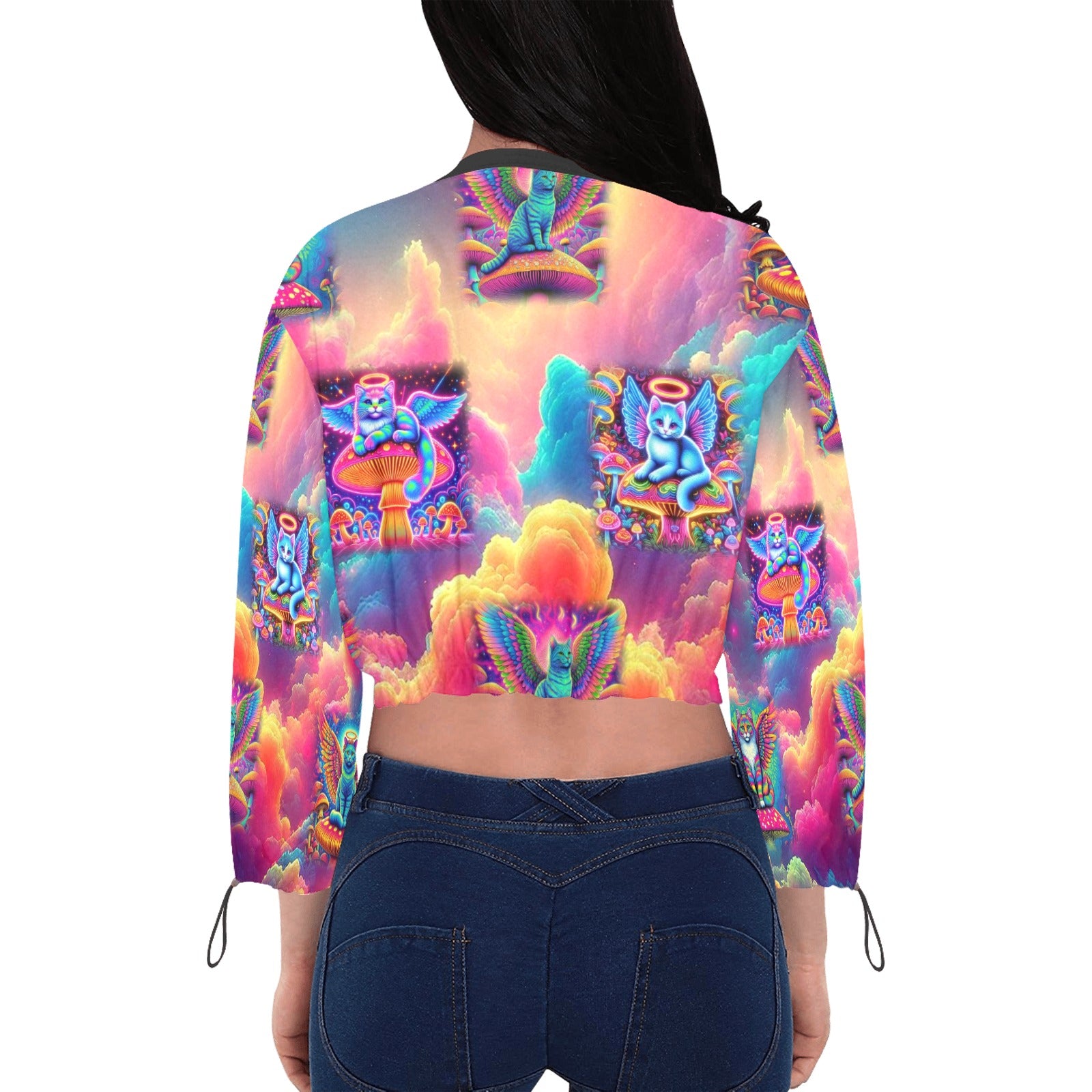 “Heavenly Angel Cats on Psychedelic Mushrooms” Women's Chiffon Long Sleeve Crop Jacket