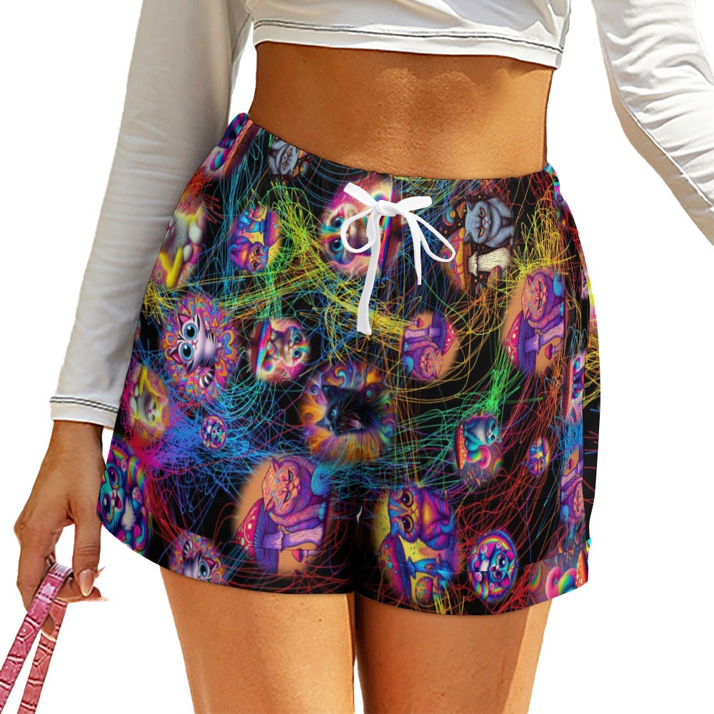 "Psychedelic Cats" Women"s High Waist Loose Elastic Waist Shorts - 3 Crazy Prints