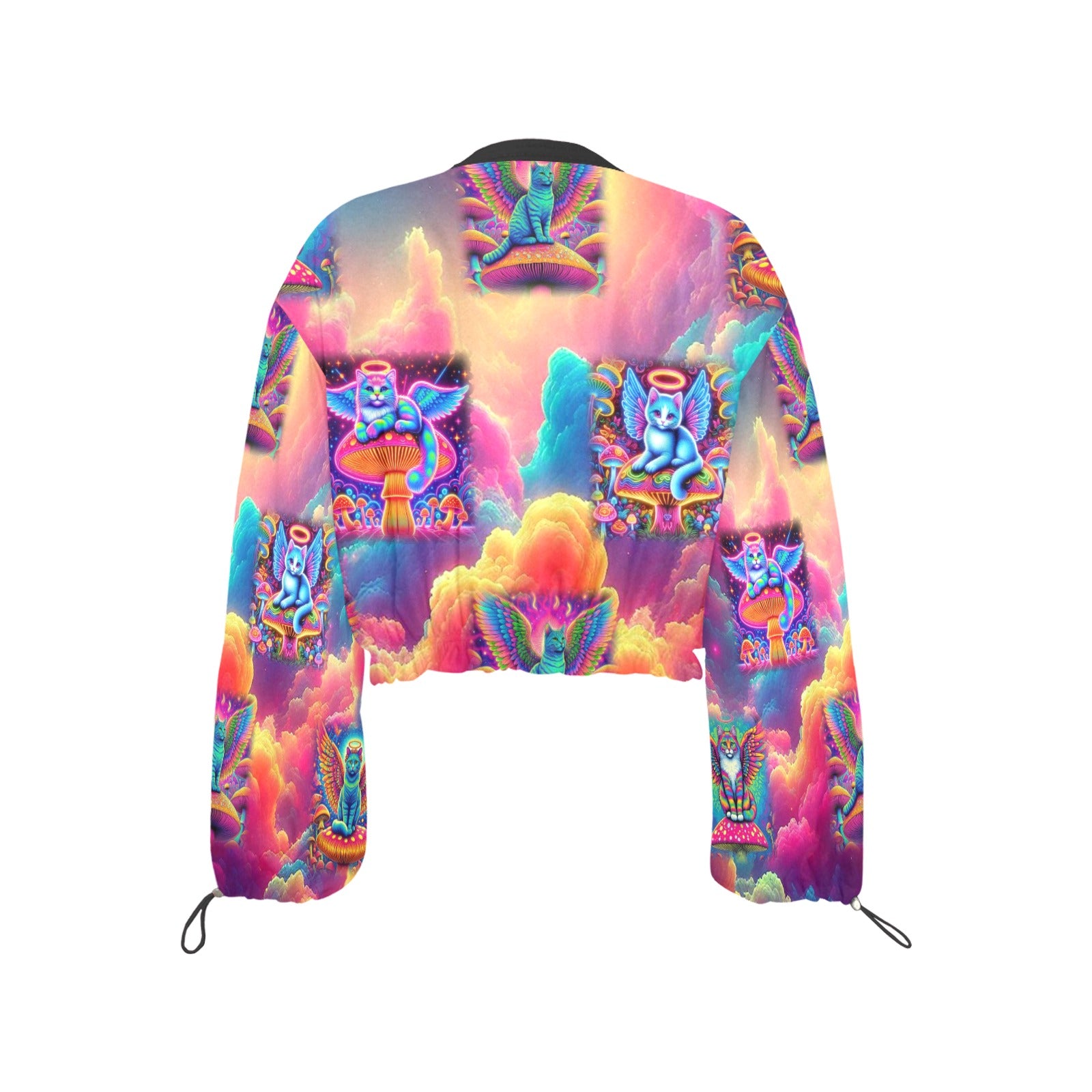 “Heavenly Angel Cats on Psychedelic Mushrooms” Women's Chiffon Long Sleeve Crop Jacket