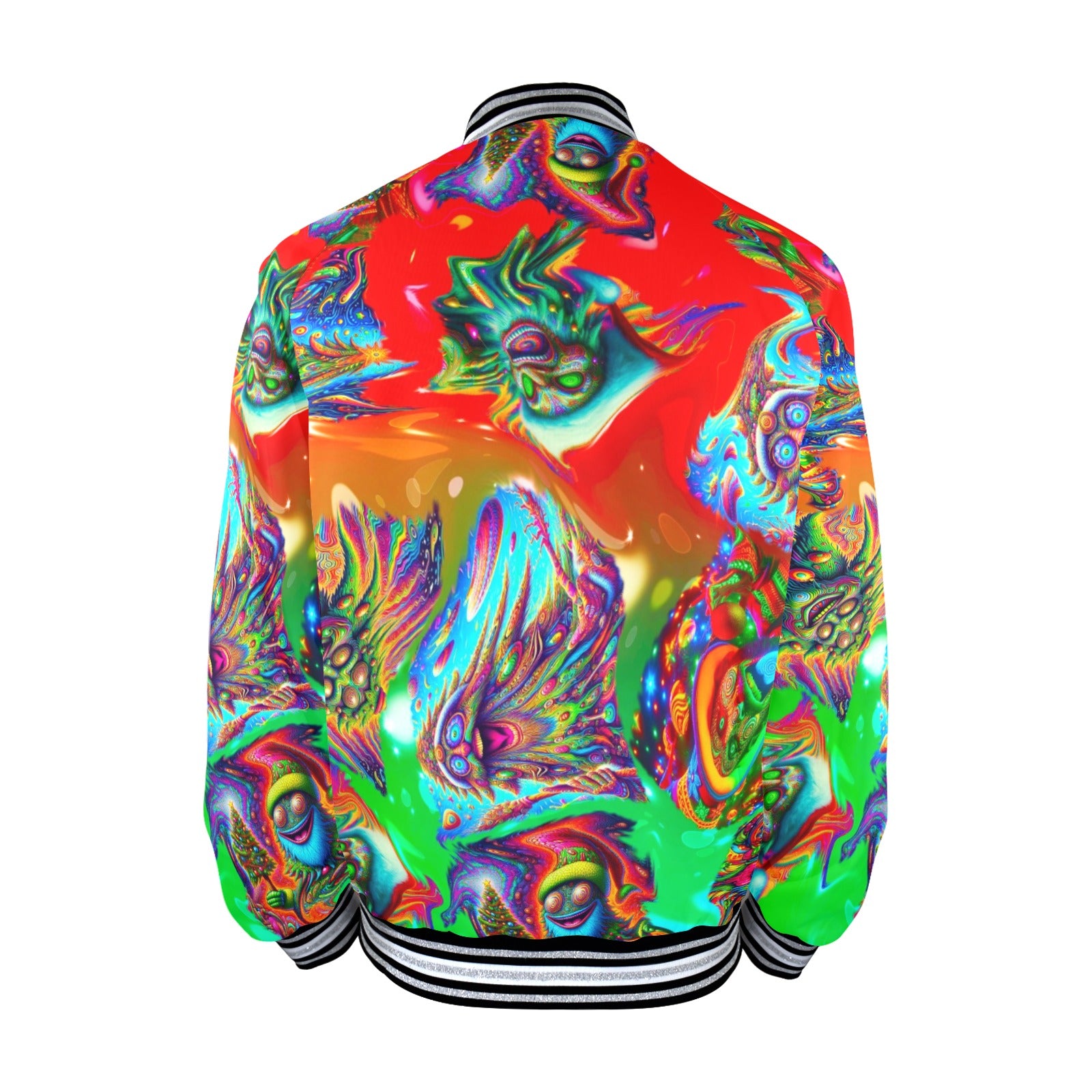 “Psychedelic Christmas Tree People” Men's Striped Trim Bomber Jacket - Size S - 4XL