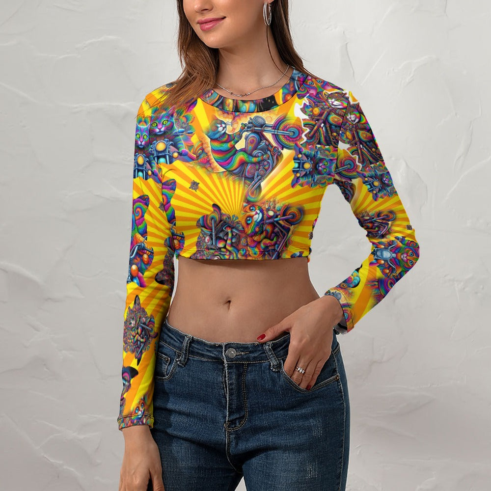 "Psychedelic Cats on Motorcycles" Women's Long Sleeve Round Neck Crop Top