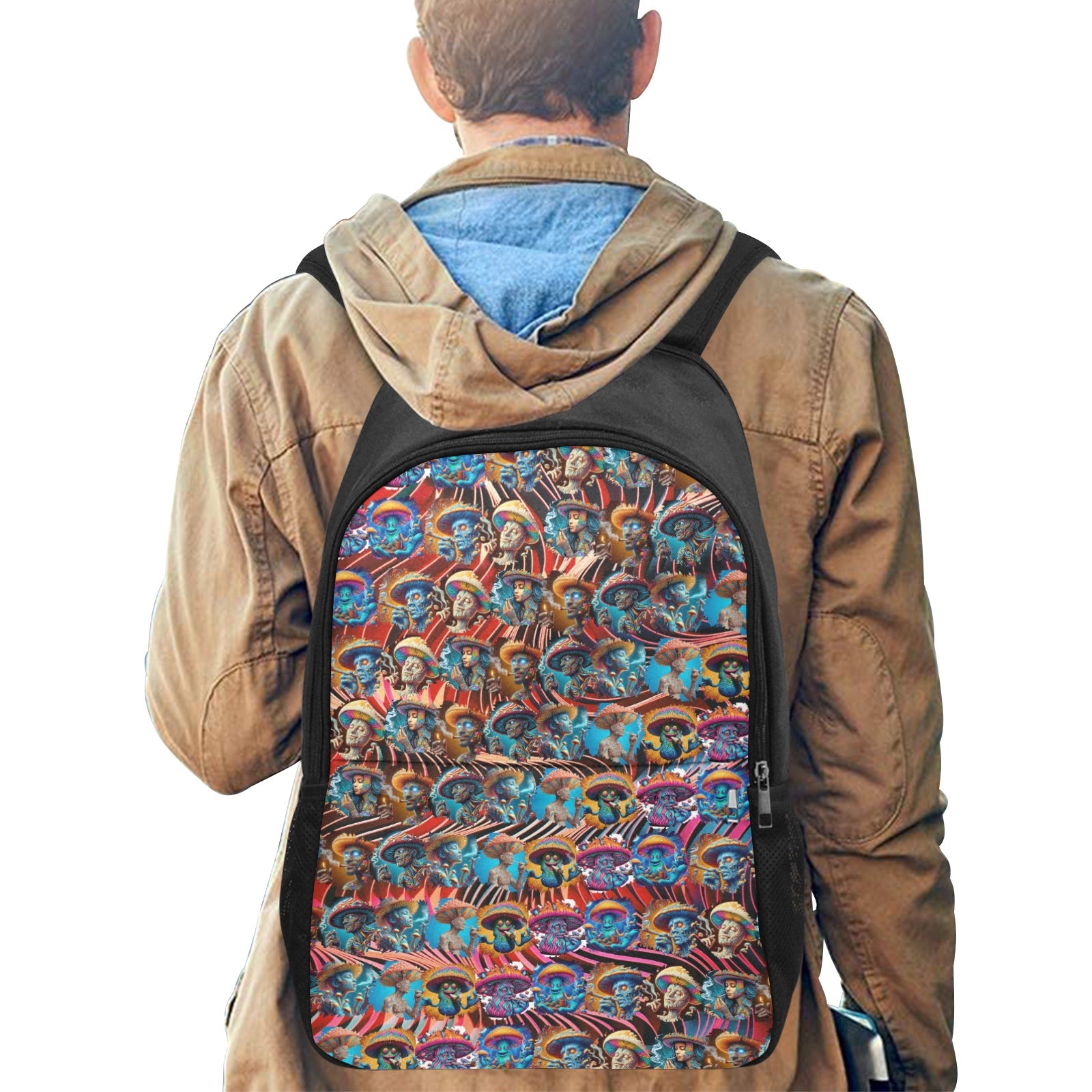 “Psychedelic Cats on Motorcycles” – Sunburst - &nbsp;Fabric Backpack with Side Mesh Pocket - 3 Wild Prints