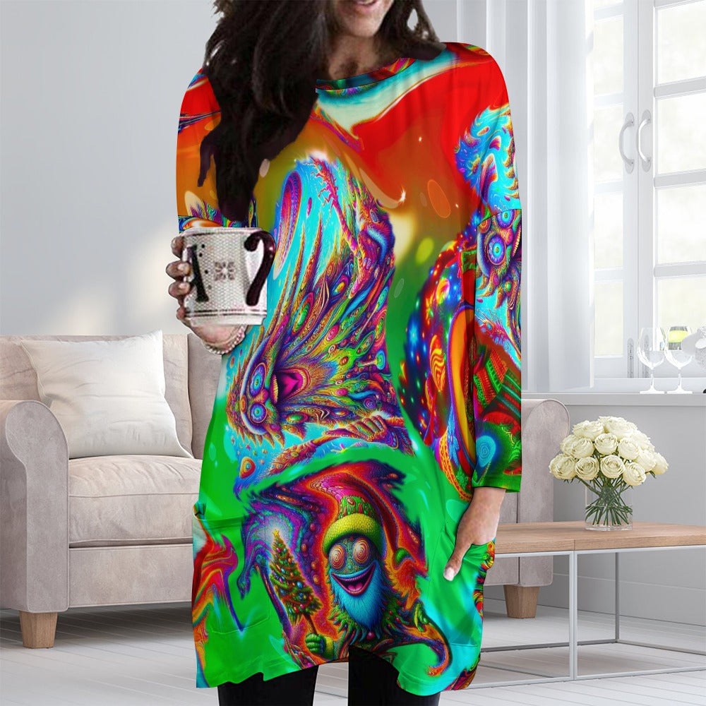 “Psychedelic Christmas Tree People” Long Sleeve T-Shirt Dress - Size 2XS - 6XL