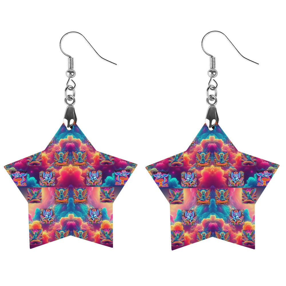 “Heavenly Angel Cats on Psychedelic Mushrooms”  Copper Plated Star Shaped Wooden Earrings