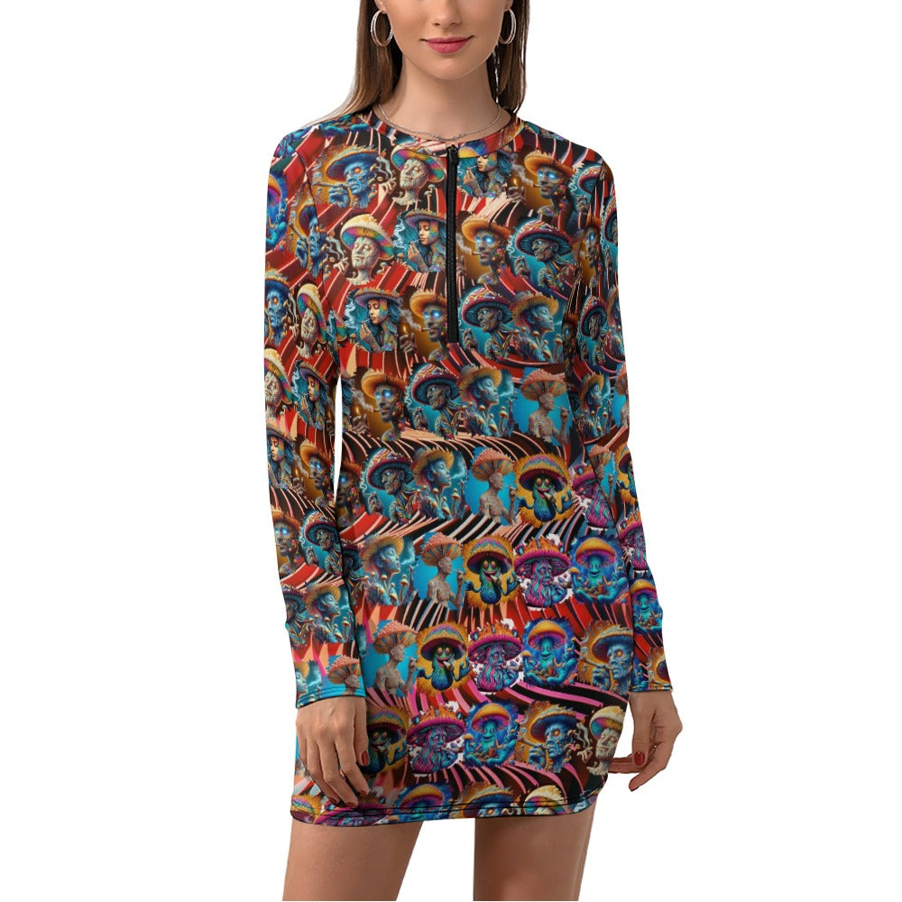 "Toking Psychedelic Mushroom People" Women's Zipper Long Sleeve Hip Dress - Swirl