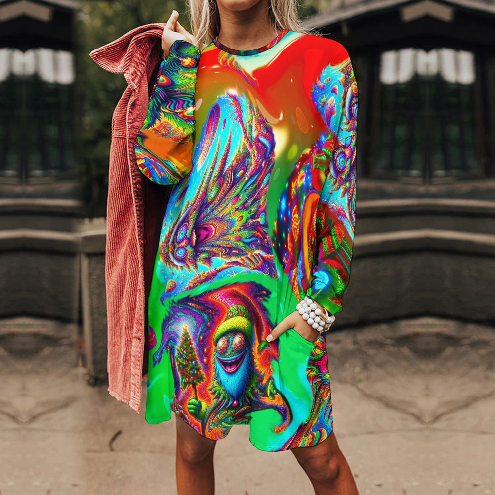 “Psychedelic Christmas Tree People” Long Sleeve T-Shirt Dress - Size 2XS - 6XL