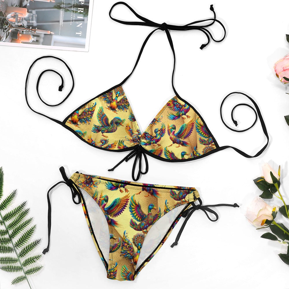 Traje de baño bikini talla grande para mujer “Psychedelic Ducks on Gold” XL a 4XL