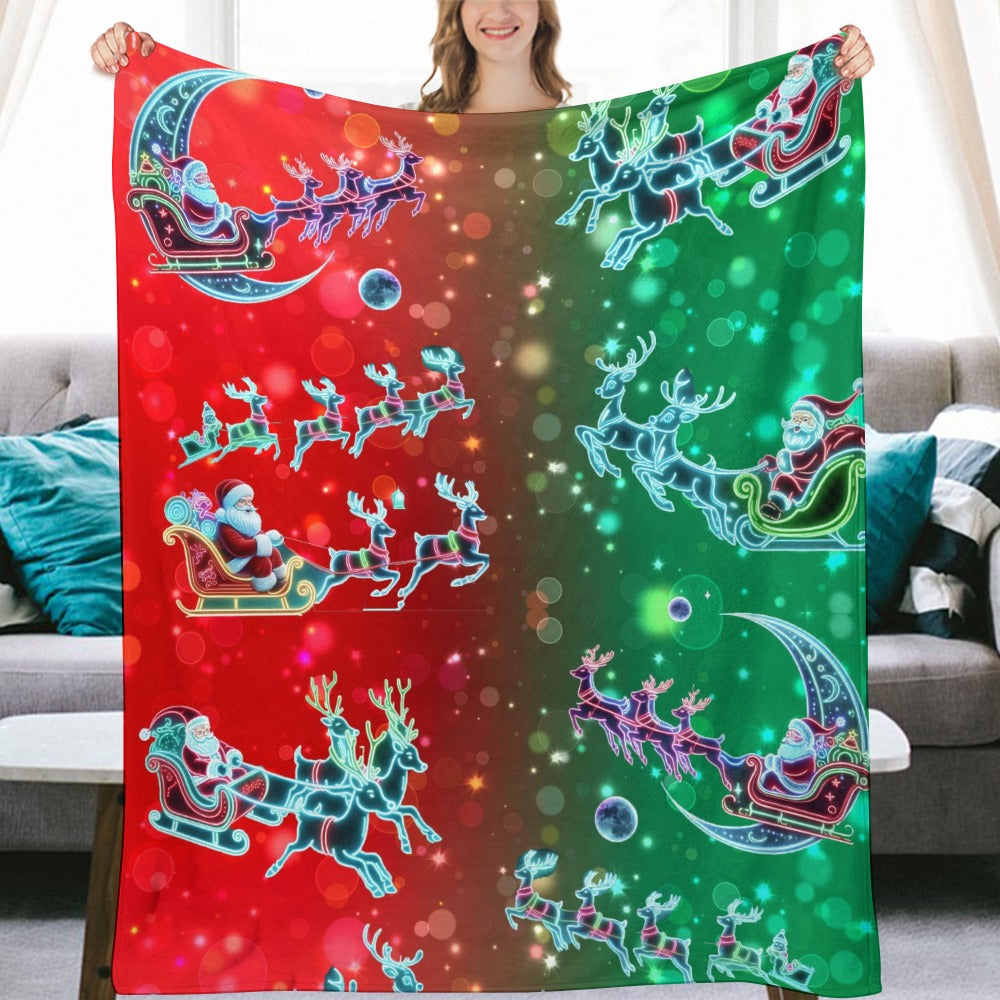 “Neon Santas in Magical Christmas Sleigh with Reindeer” Ultra-Soft Flannel Blanket – 70” x 80”