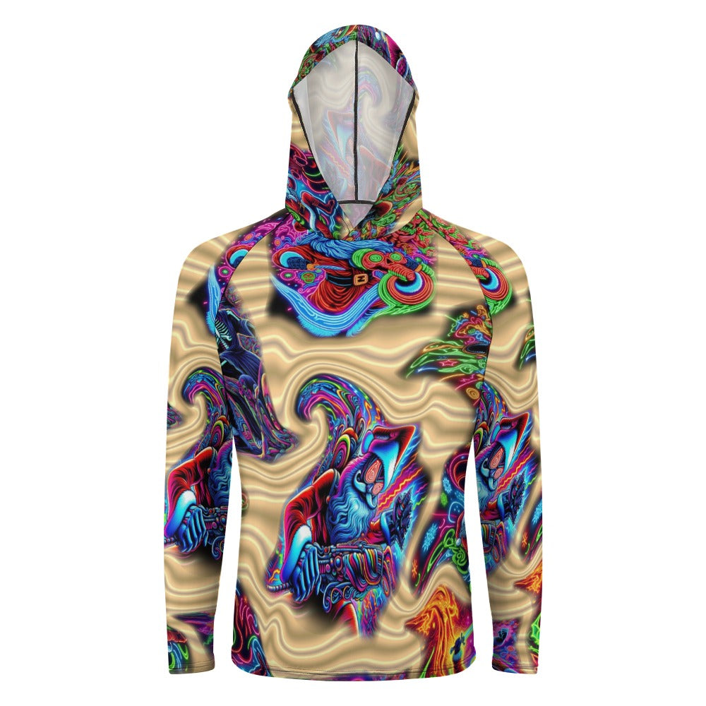 “Neon Santa Fighting Evil” Men’s Long Sleeve Sun Protection Hoodie – Sizes S – 3XL