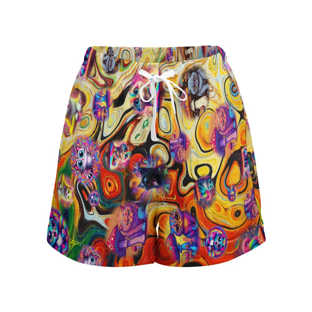 "Psychedelic Cats" Women"s High Waist Loose Elastic Waist Shorts - 3 Crazy Prints