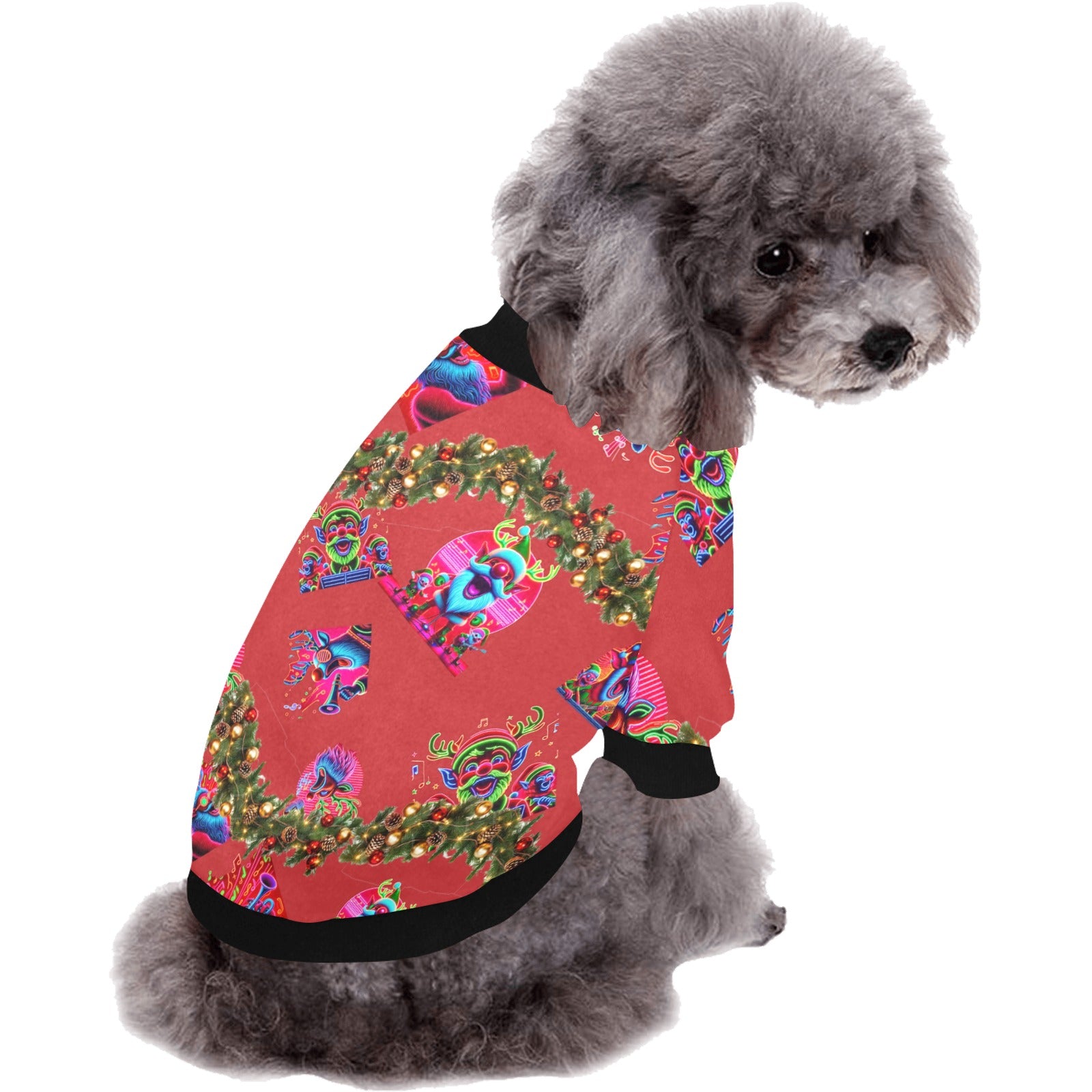 “Psychedelic Christmas Rudolf Singing on Red” Pet Dog Round Neck Shirt – Sizes XS – 2XL