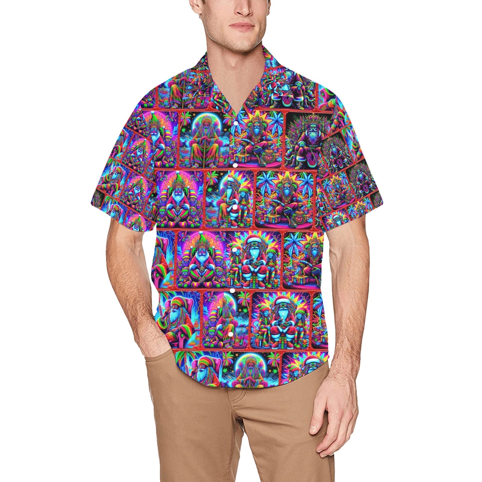 “Psychedelic Neon Toking Rasta Santa” Men’s Lounge Shirt – Sizes S- 5XL