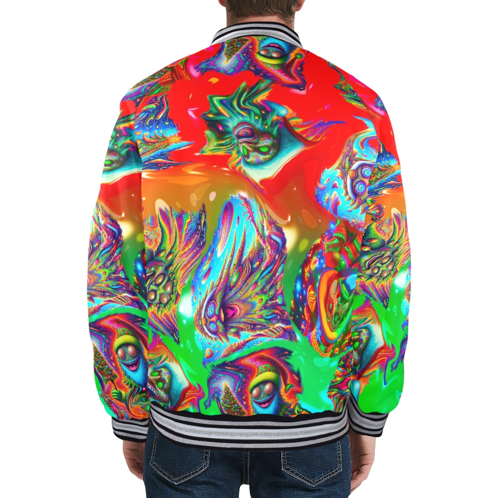 “Psychedelic Christmas Tree People” Men's Striped Trim Bomber Jacket - Size S - 4XL