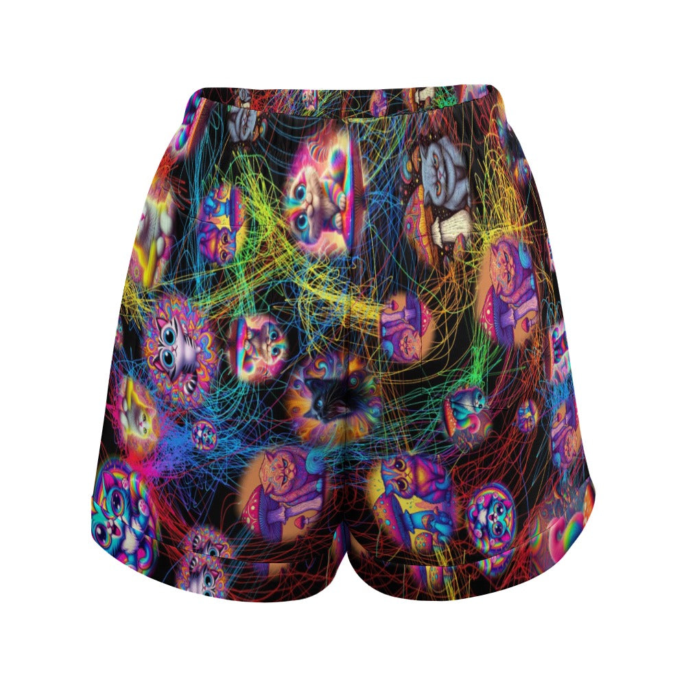 "Psychedelic Cats" Women"s High Waist Loose Elastic Waist Shorts - 3 Crazy Prints