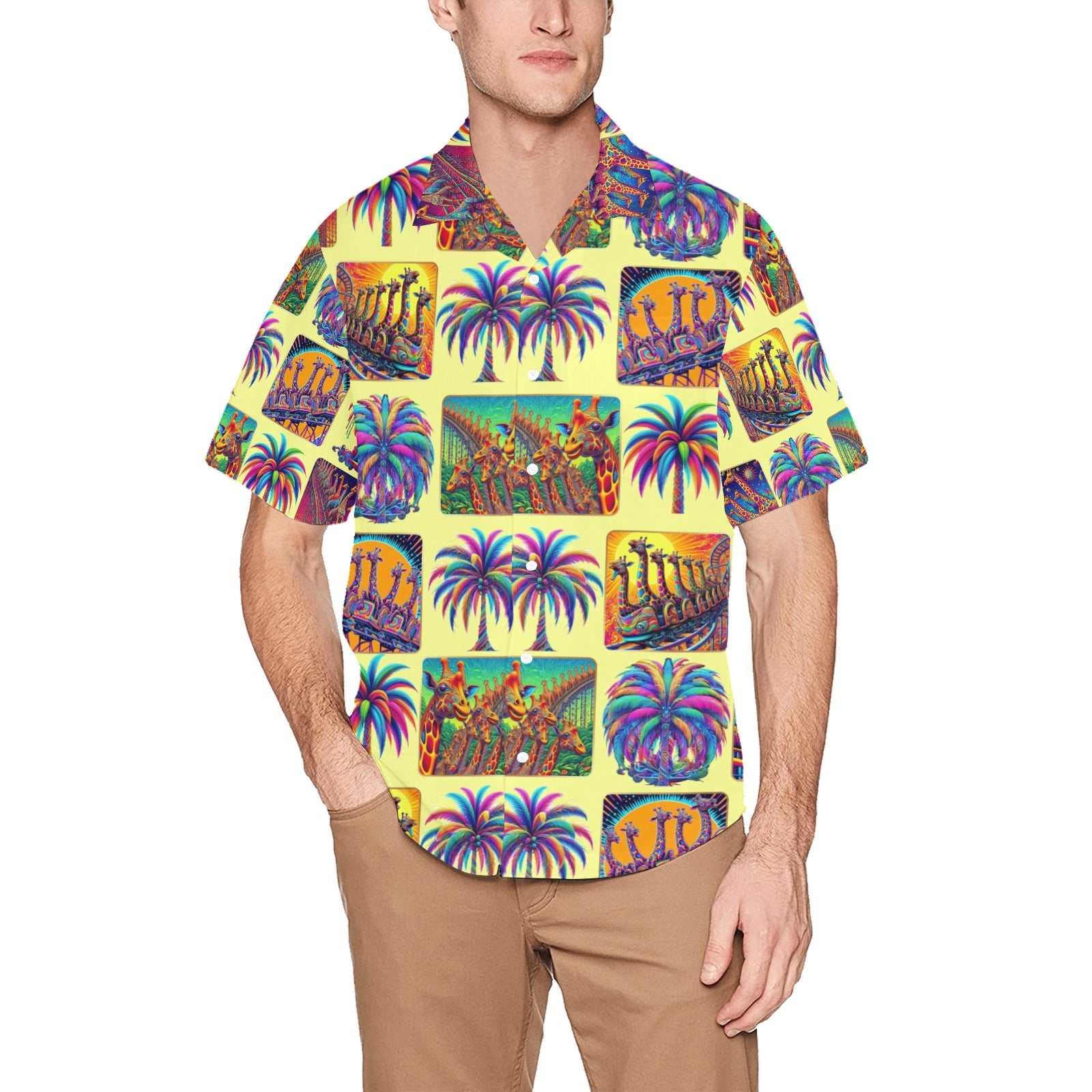 “Psychedelic Giraffes on Roller Coasters“ Men’s Lounge Shirt – Sizes S- 5XL