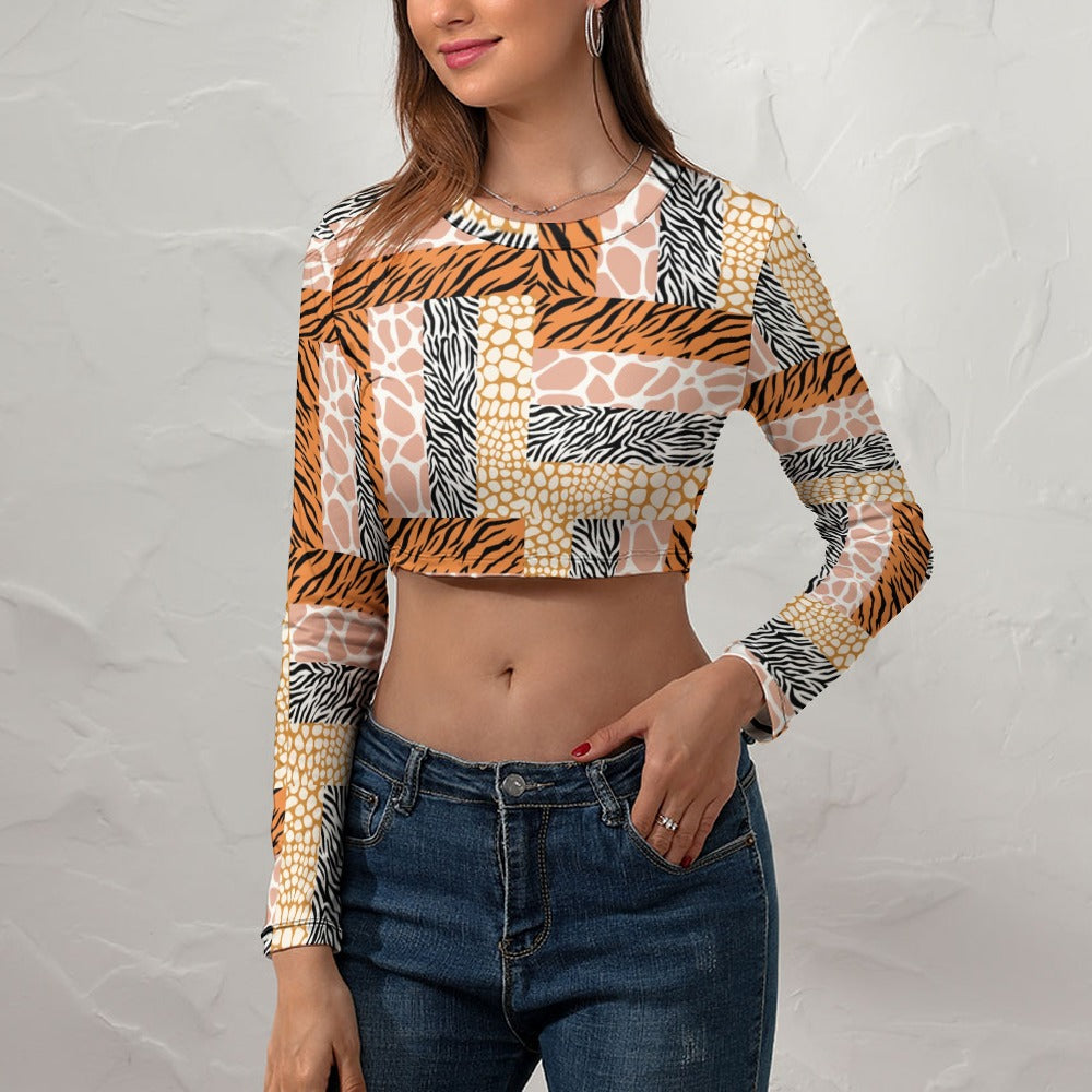 “African Rotating Safari” Women's Long Sleeve Round Neck Crop Top