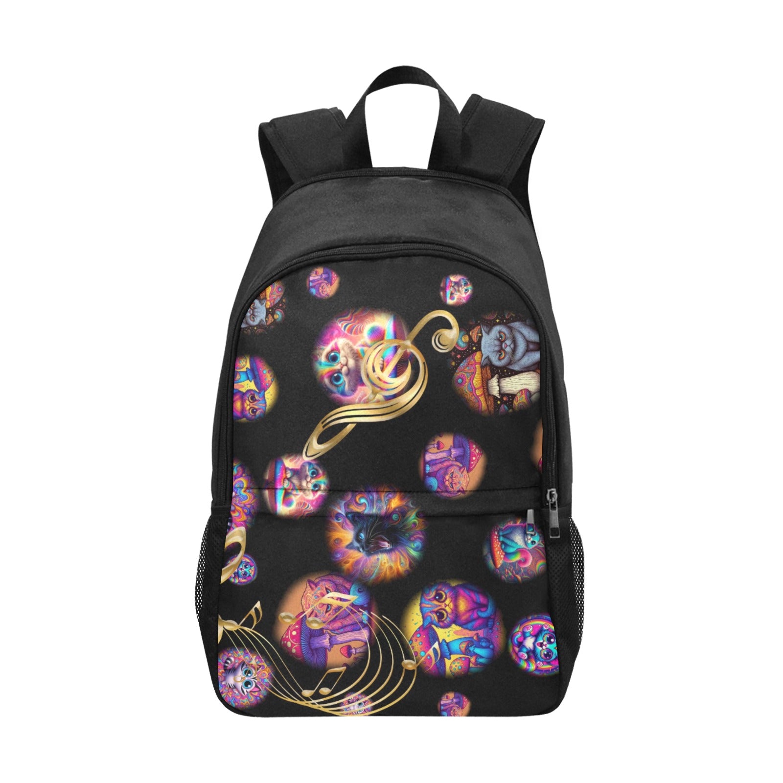 “Psychedelic Cats on Motorcycles” – Sunburst - &nbsp;Fabric Backpack with Side Mesh Pocket - 3 Wild Prints