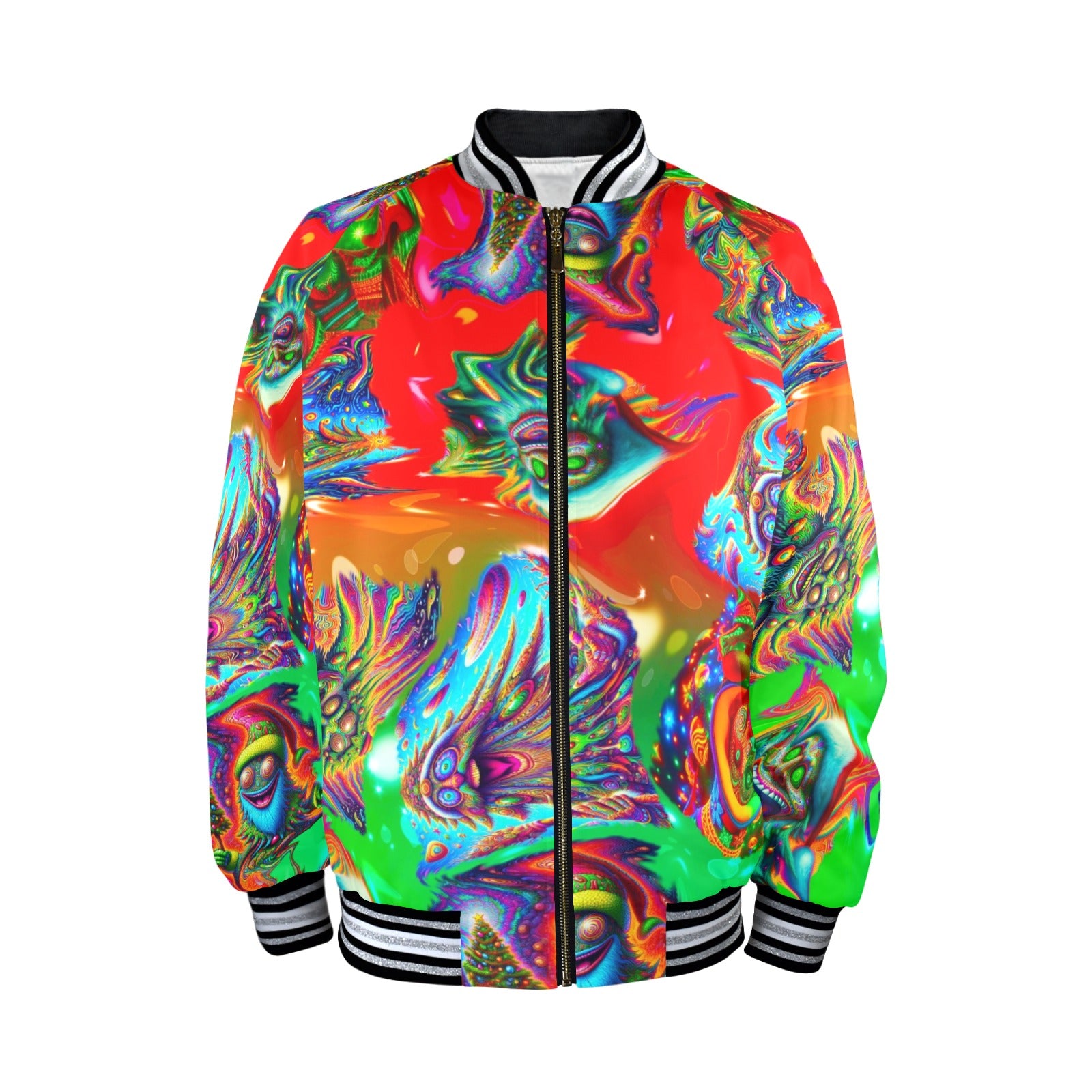 “Psychedelic Christmas Tree People” Men's Striped Trim Bomber Jacket - Size S - 4XL