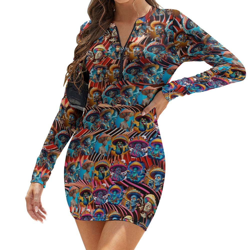 "Toking Psychedelic Mushroom People" Women's Zipper Long Sleeve Hip Dress - Swirl